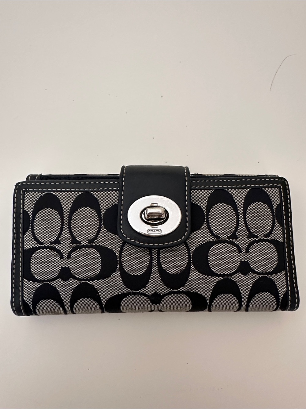 Coach Black and Gray Signature Canvas Turnlock Wallet